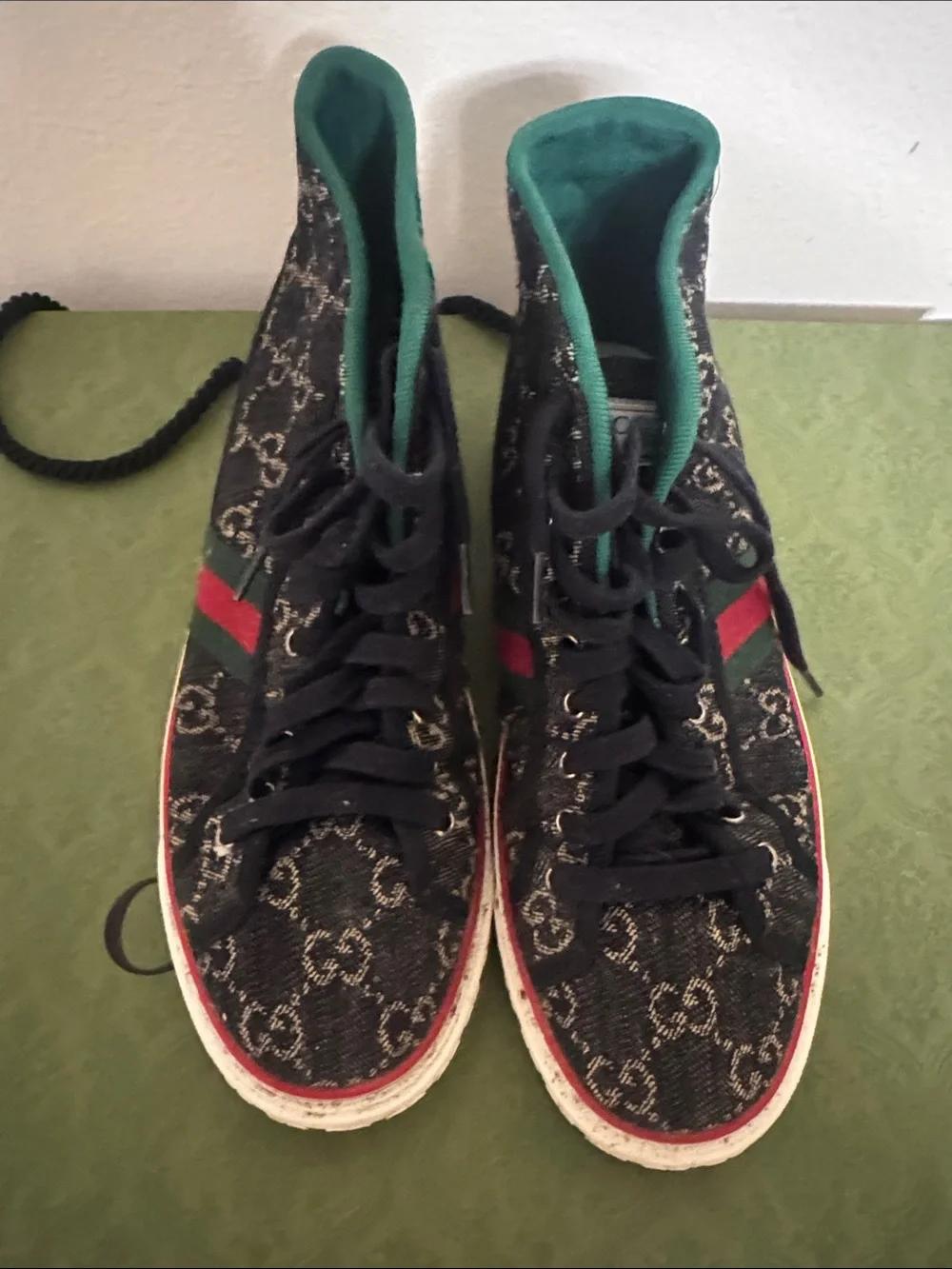 Gucci Black GG Canvas High-Top Sneakers with Green & Red Web